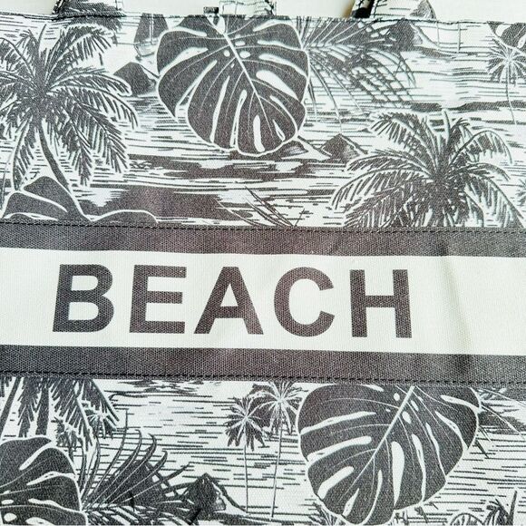 London Fog Beach Canvas Tote Bag - Black & White Tropical Palm NEW Ltd Edition - Picture 7 of 12